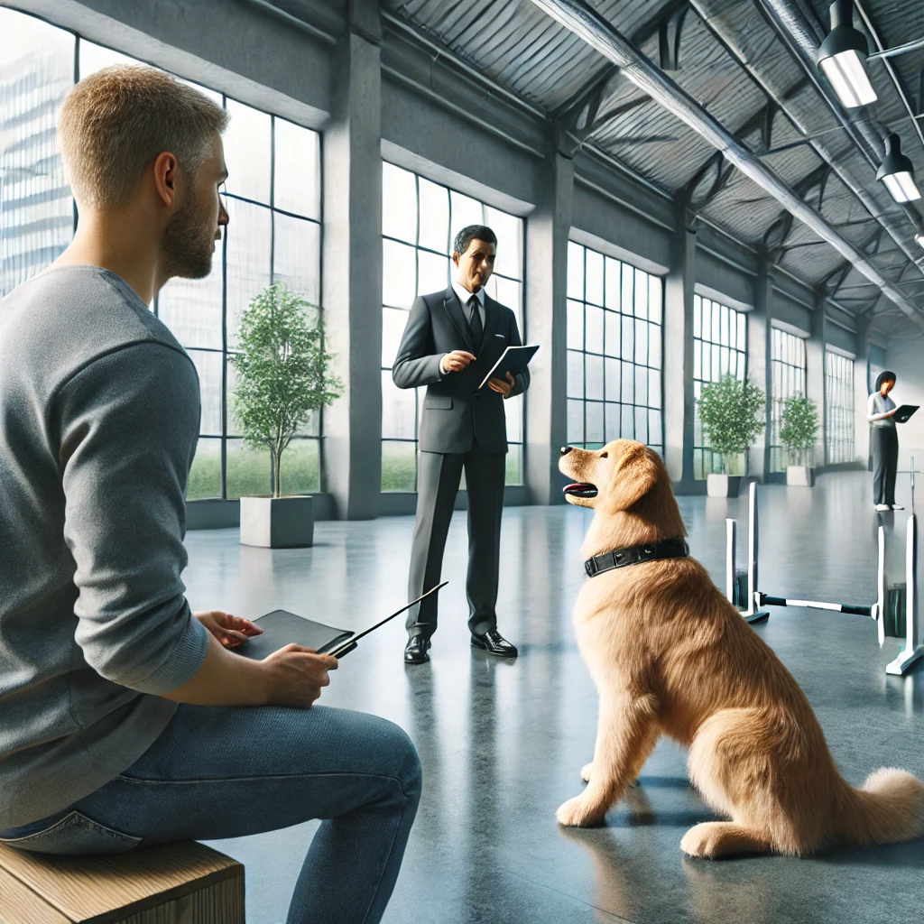 A person in their 30s at a professional dog training facility observing a highly rated service dog trainer working with a golden retriever.