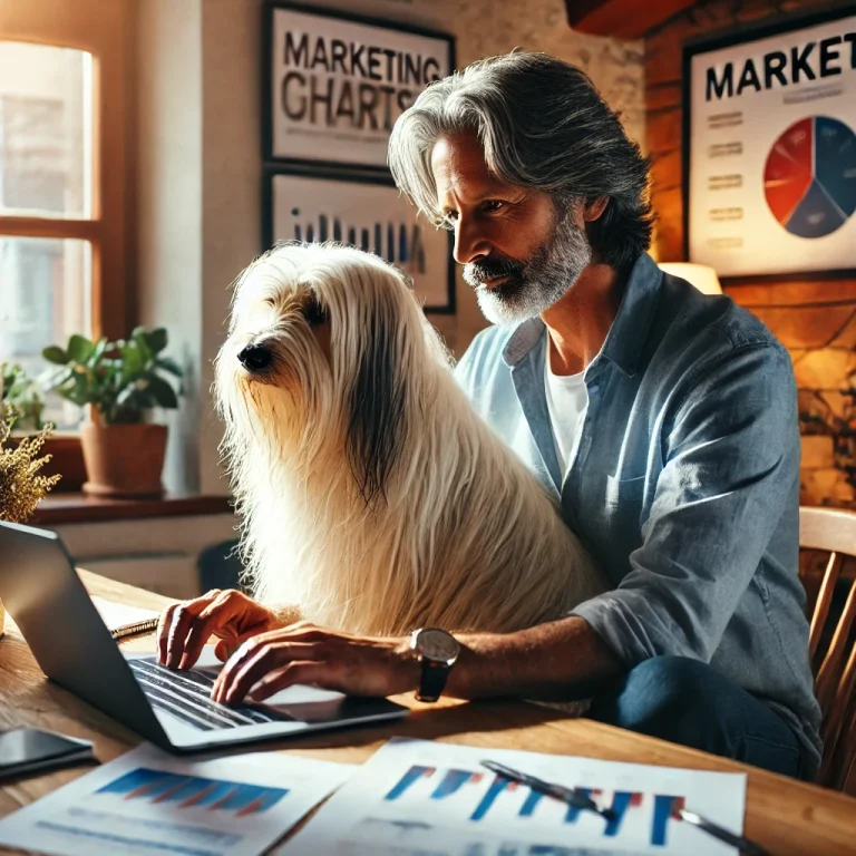 A man in his late 50s working diligently on his laptop in a cozy home office, accompanied by his white, medium long-haired service dog, Sasha.