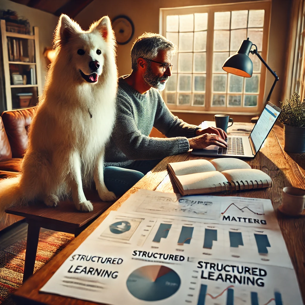 A man in his late 50s working on his laptop in a cozy home office with marketing charts and notes, accompanied by his white, medium long-haired service dog, Sasha.