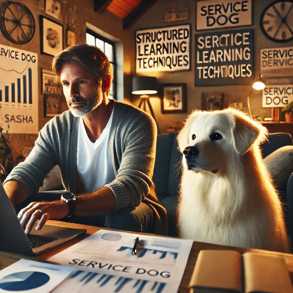 A man in his late 50s, with a focused expression, working on his laptop in a cozy home office, accompanied by his white service dog, Sasha, a medium long-haired terrier.