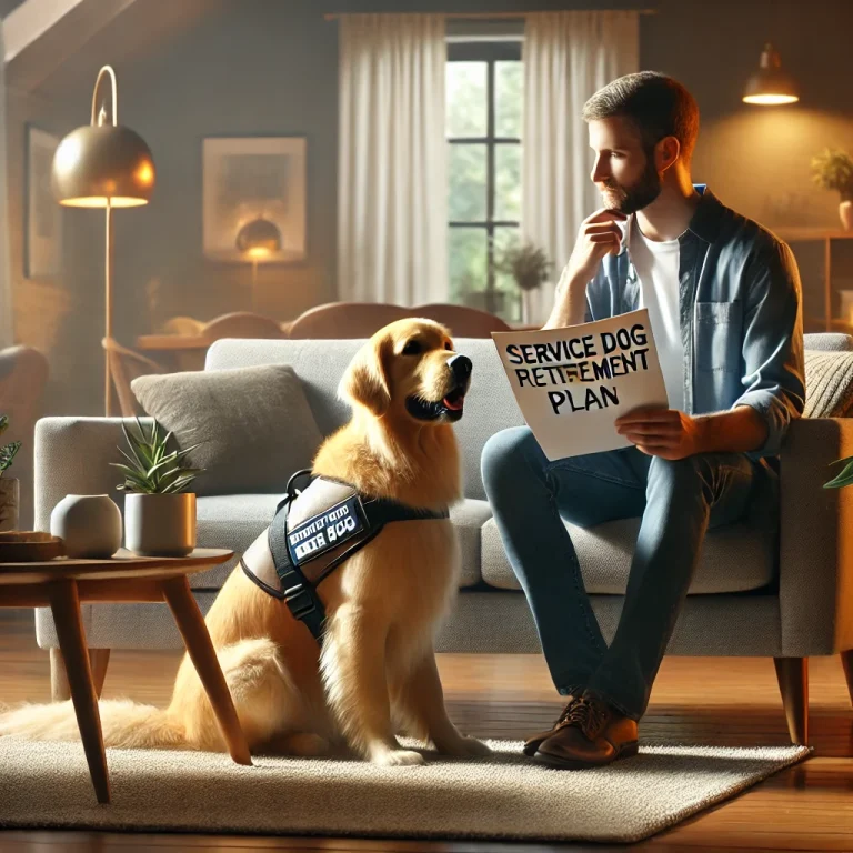 person in their 30s sitting with a golden retriever service dog in a cozy living room, holding a document titled 'Service Dog Retirement Plan.