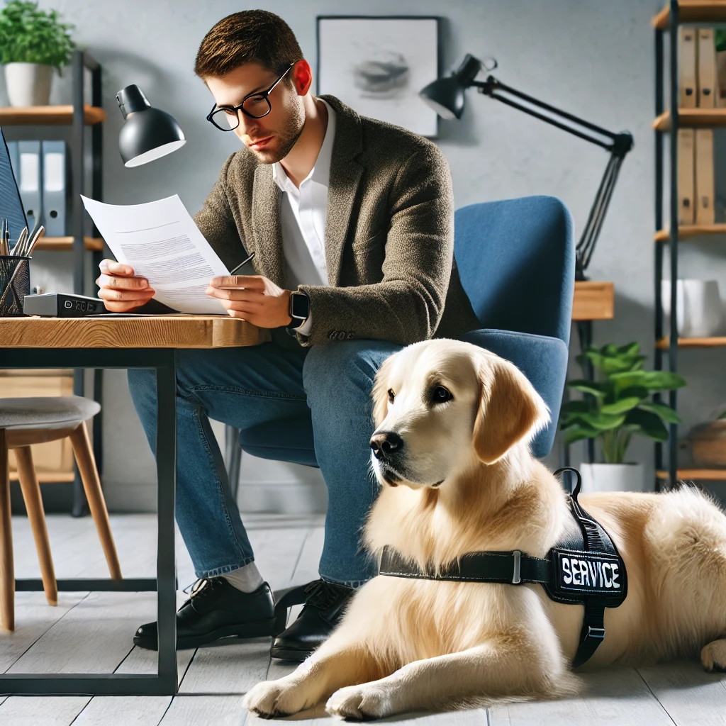 A person in their 30s sits at a desk, reviewing documents with a golden retriever service dog lying beside them in a cozy home office setting.