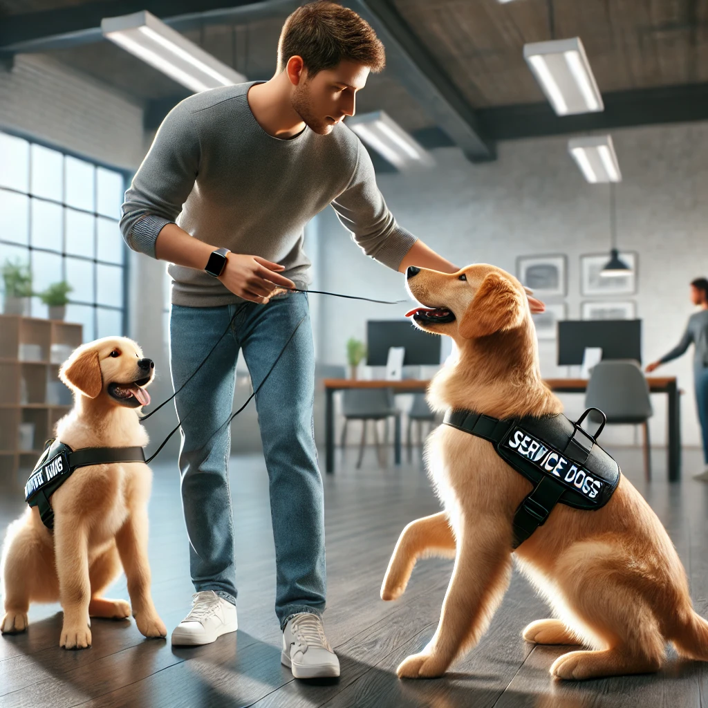 A person in their 30s guiding a young golden retriever while an older golden retriever wearing a service dog vest stands nearby in a modern training facility.