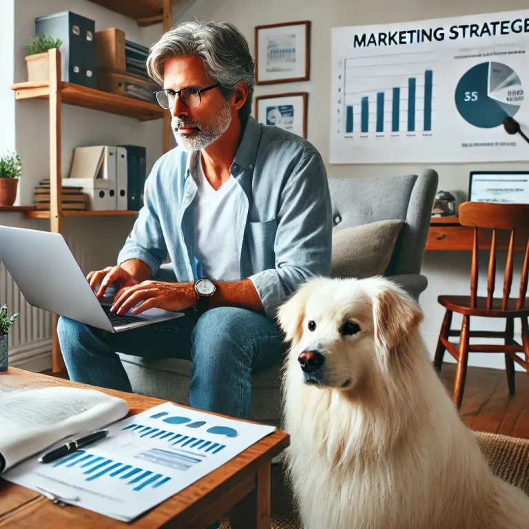 A man in his late 50s working diligently on his laptop in a cozy home office, with his white, medium long-haired service dog named Sasha sitting beside him.