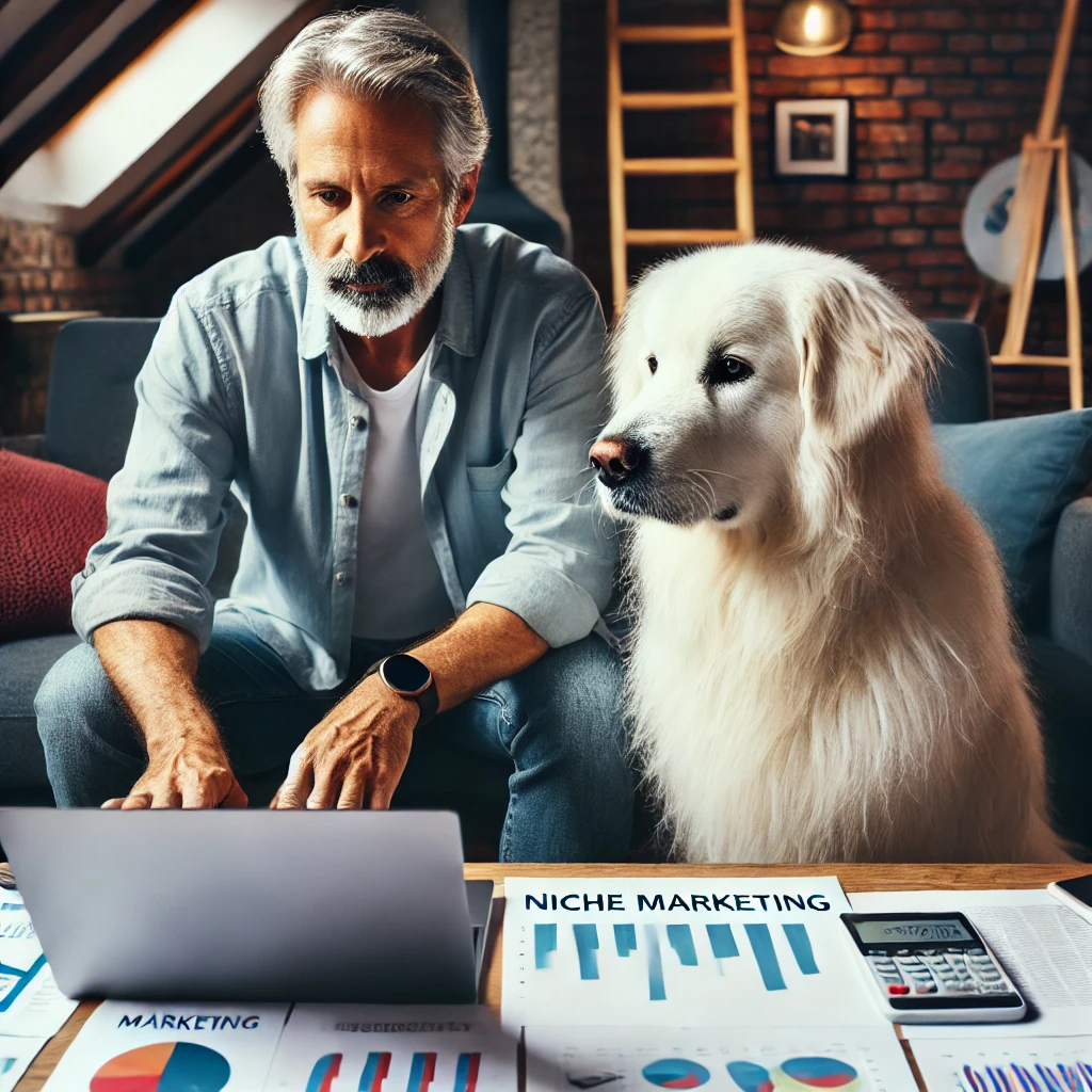 A man in his late 50s working diligently on his laptop in a cozy home office with his white, medium long-haired service dog, Sasha, sitting attentively beside him.