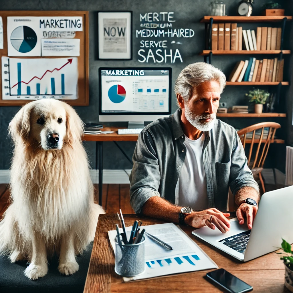 A man in his late 50s working diligently on his laptop in a cozy home office with his white, medium long-haired service dog, Sasha, sitting beside him.