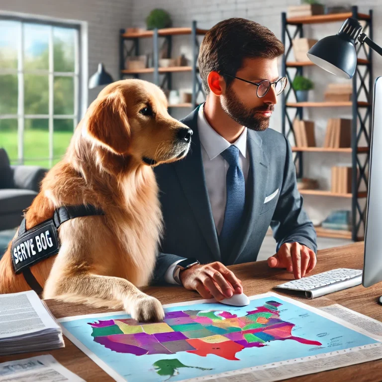 A person in their 30s with a golden retriever service dog, researching service dog laws by state on a computer in a home office.