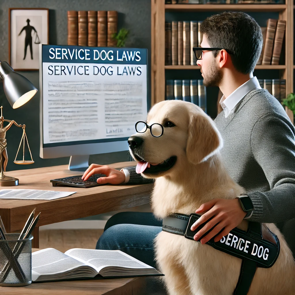 A person in their 30s sitting at a desk with a golden retriever service dog by their side, reading legal documents.