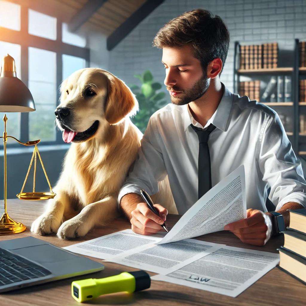 A person in their 30s sitting at a desk with a golden retriever service dog, surrounded by legal documents, a laptop, and law books in a bright, modern office.