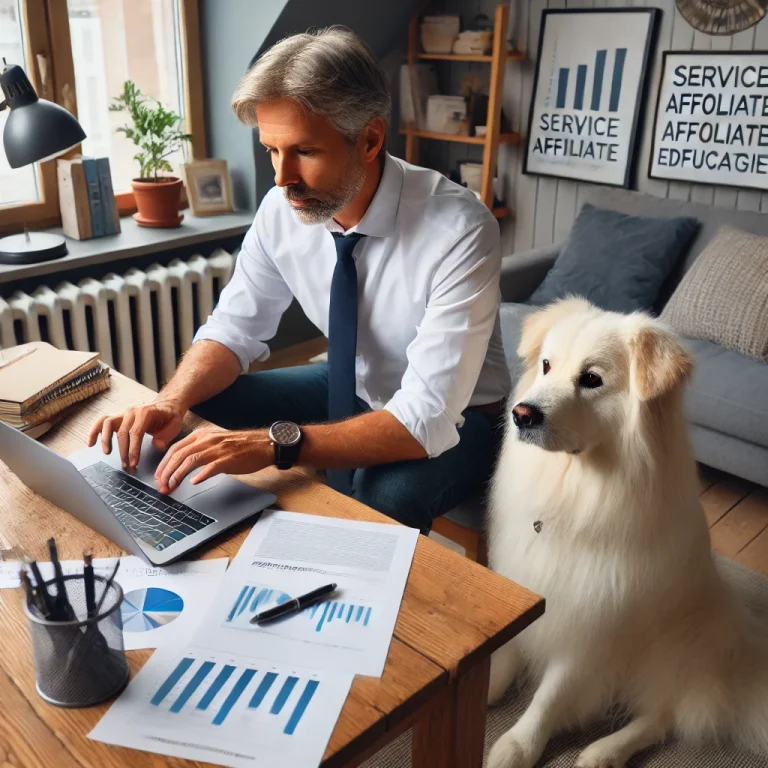 A man in his late 50s working diligently on his laptop with his white, medium long-haired service dog, Sasha, sitting attentively beside him.