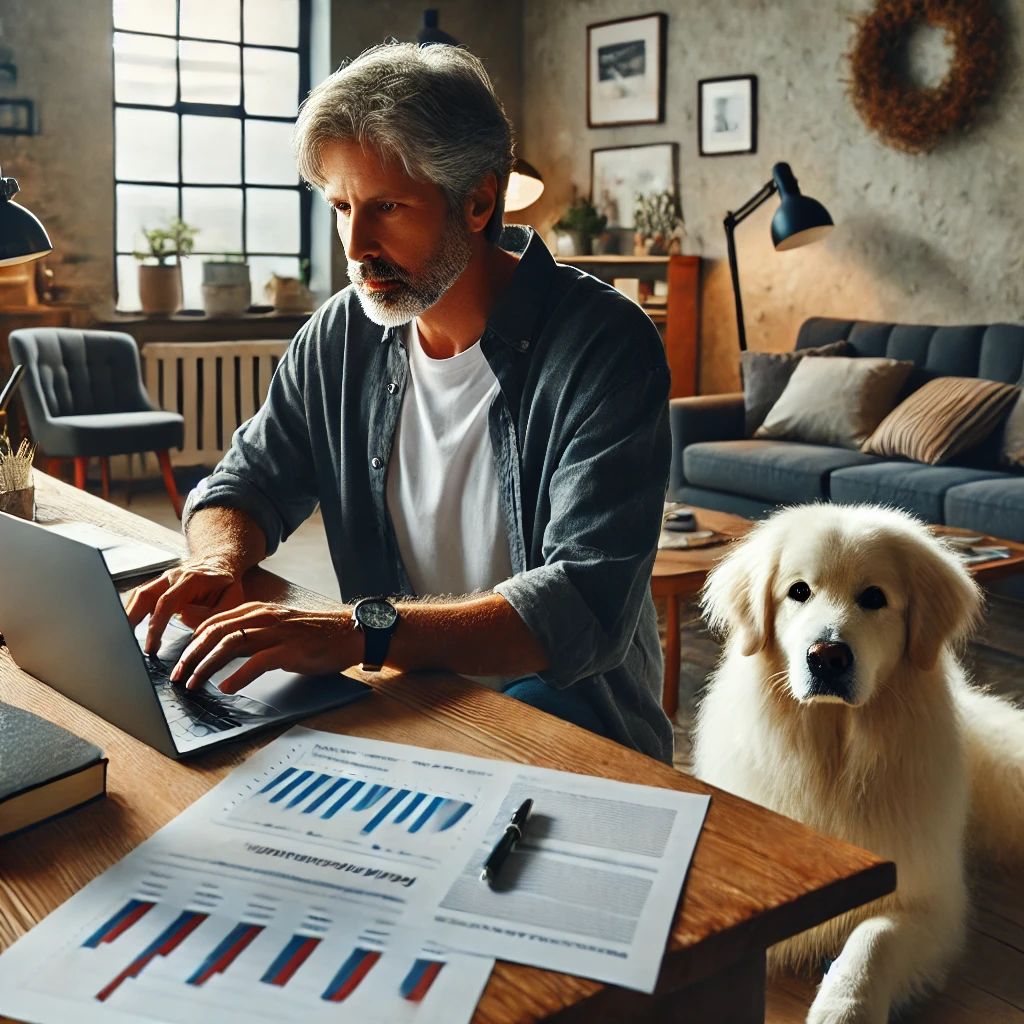 Man in his late 50s working on a laptop in a cozy home office with marketing charts and his white service dog, Sasha, beside him.