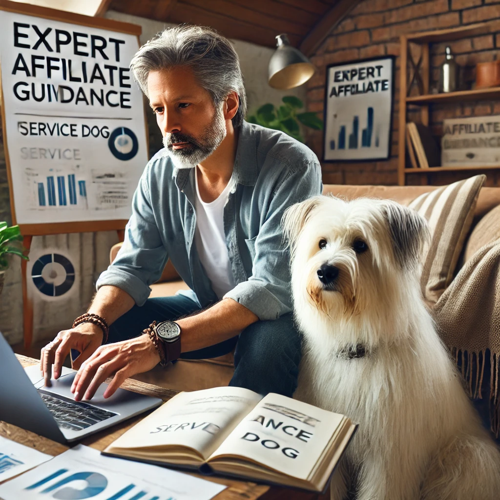 A man in his late 50s working diligently on his laptop in a cozy home office, with his white, medium long-haired service dog, Sasha, sitting attentively beside him.