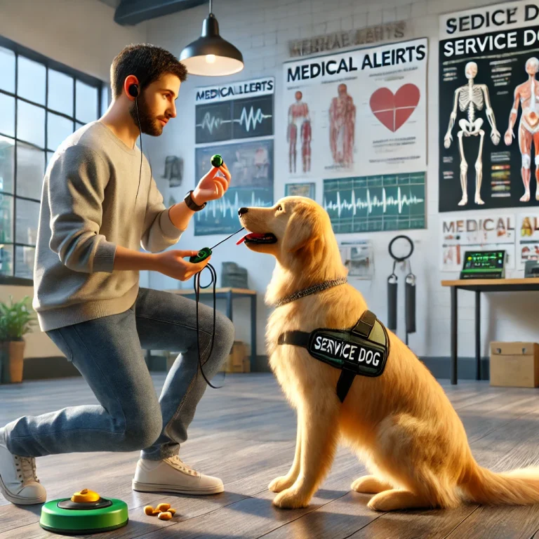 Person in their 30s training a golden retriever service dog in an indoor training facility.