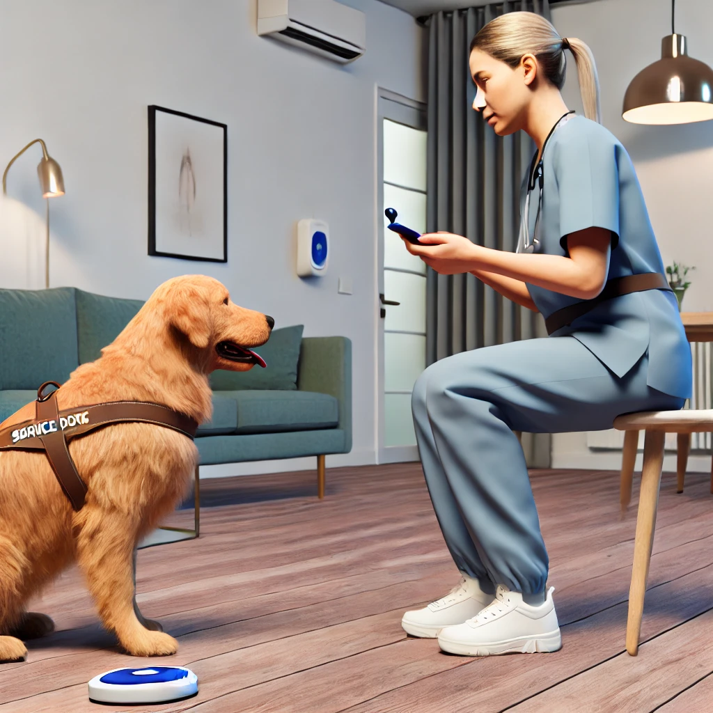 Person in their 30s training a golden retriever service dog for medical alerts in a modern living room.