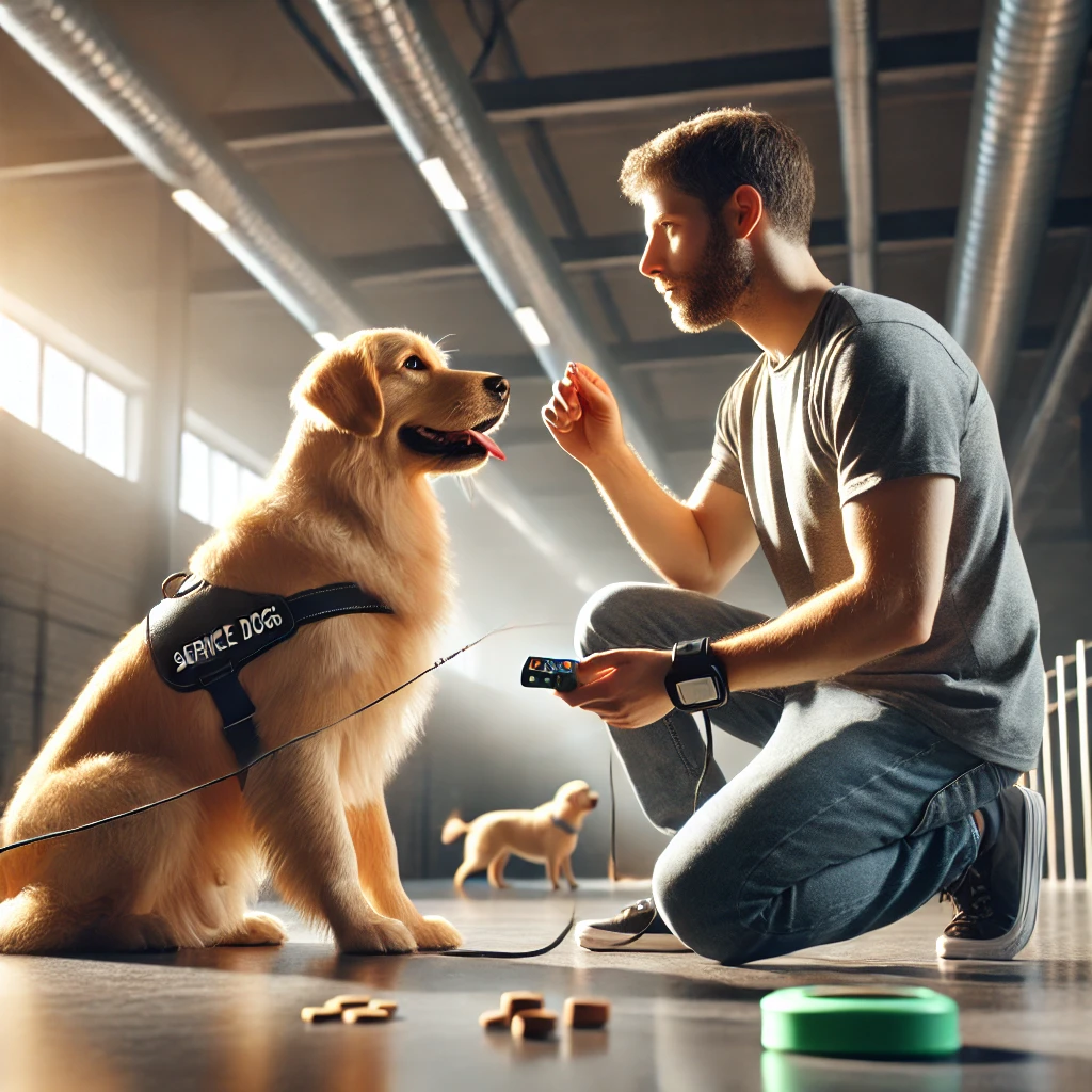 A person in their 30s training a golden retriever service dog in a well-lit indoor facility using a clicker and treats.