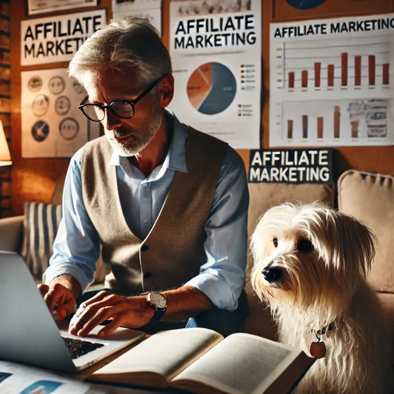 A man in his late 50s working diligently on his laptop in a cozy home office with his white service dog, Sasha, a thin, medium long-haired terrier, sitting beside him.