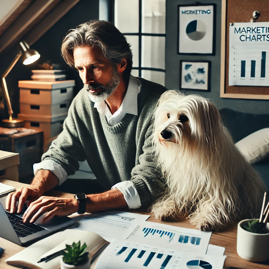 Chris, a man in his late 50s, working diligently on his laptop in a cozy home office with his white, medium long-haired service dog, Sasha, sitting attentively beside him.