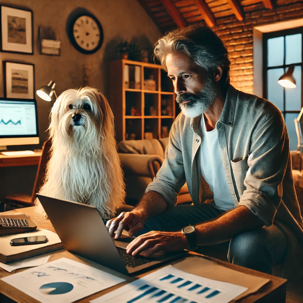 A man in his late 50s working diligently on his laptop in a cozy home office with his thin white service dog, Sasha, a medium long-haired terrier, sitting attentively beside him.