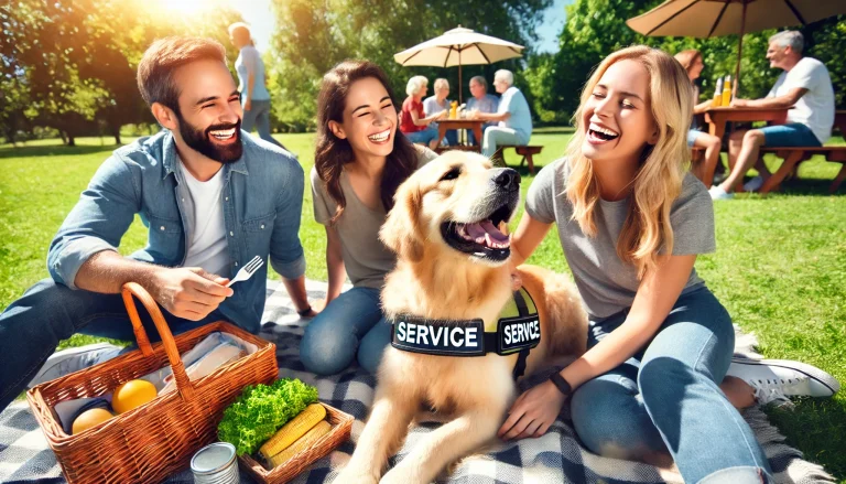 A family of four enjoying a picnic in a sunny park with their service dog, a golden retriever wearing a service vest.