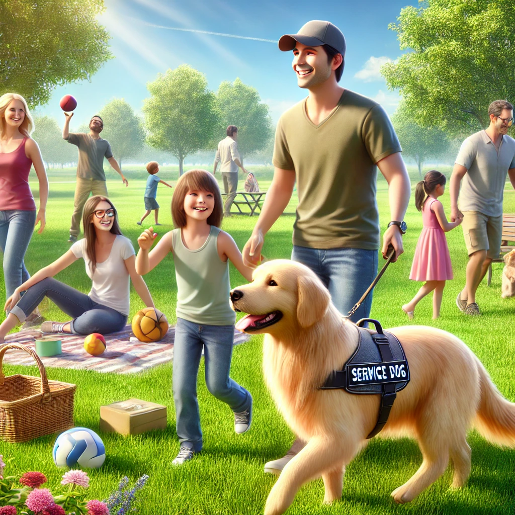 A family with two children and a golden retriever service dog enjoying a sunny day in a park.