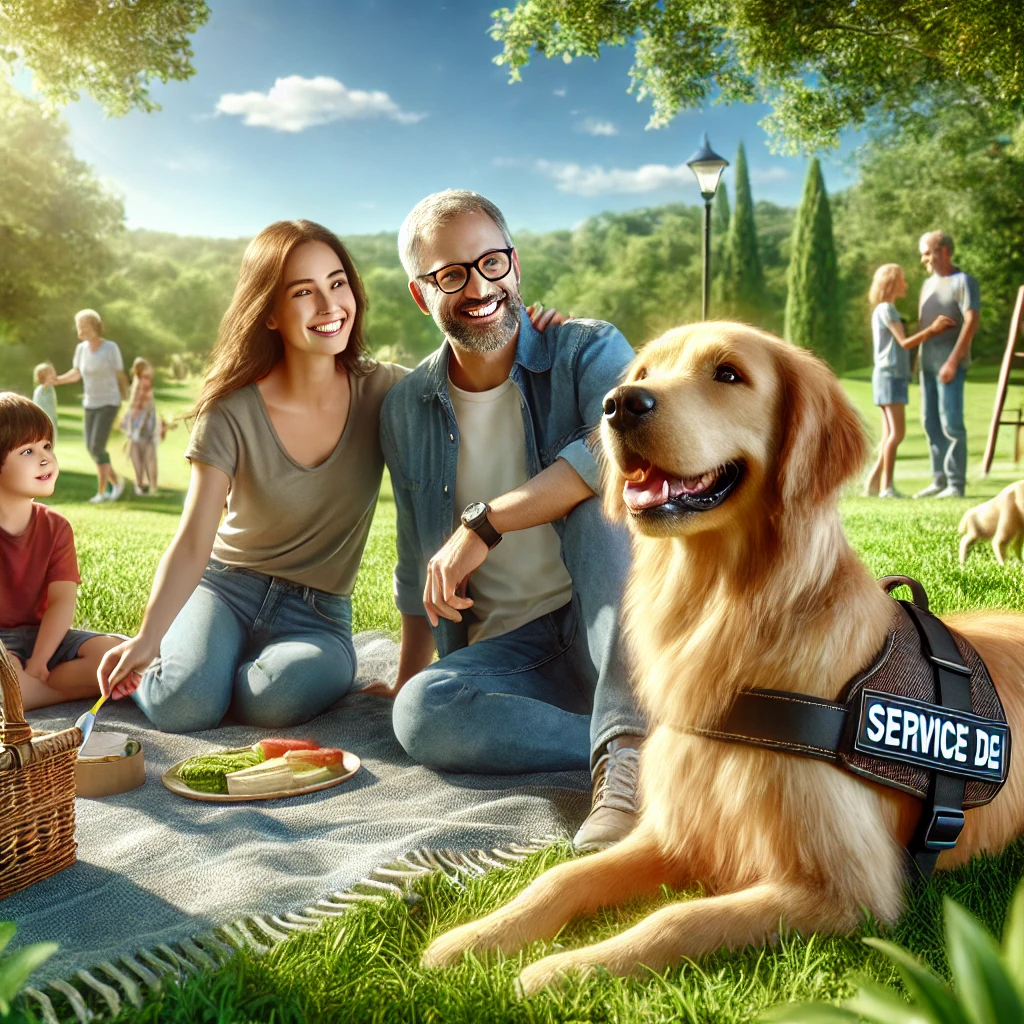 A family in their 30s enjoying a sunny park outing with their golden retriever service dog.