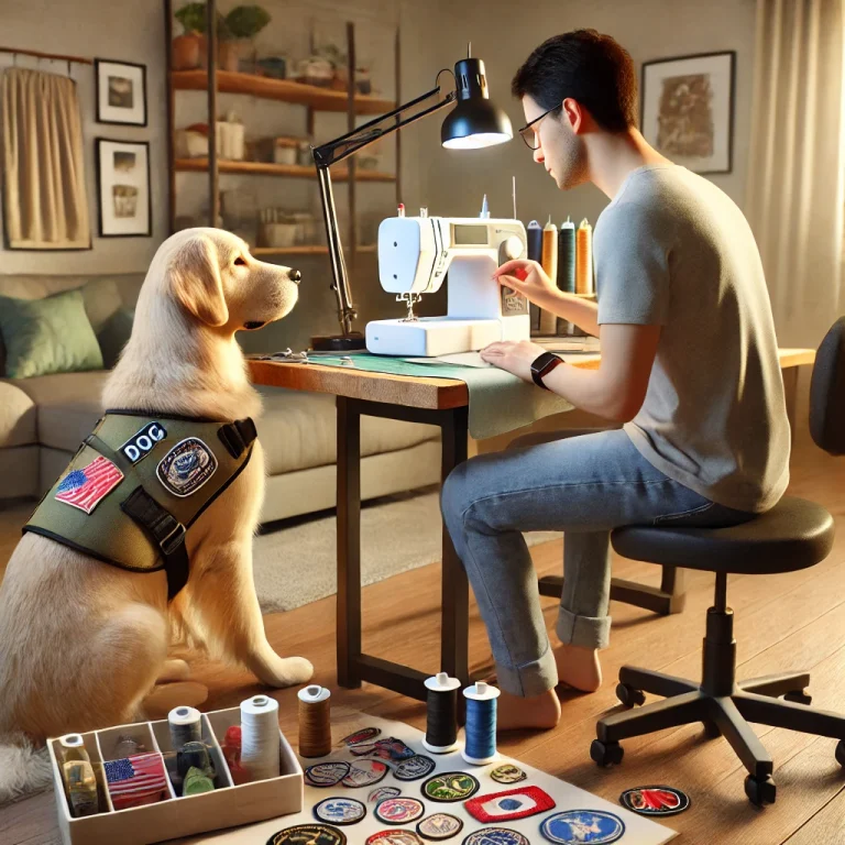 A person in their 30s adjusting a custom service dog vest on a golden retriever in a cozy living room.