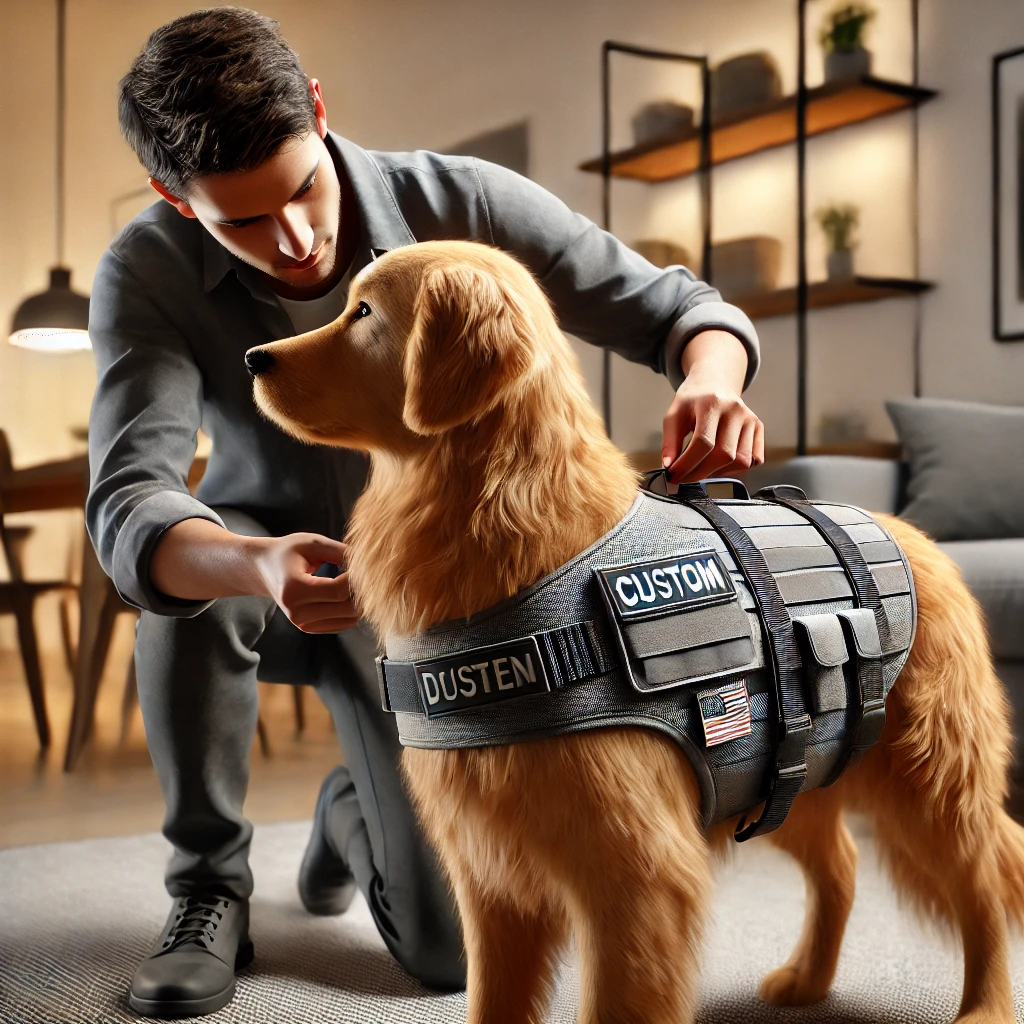 A person in their 30s fitting a stylish and functional vest on a golden retriever service dog in a bright, modern living room.