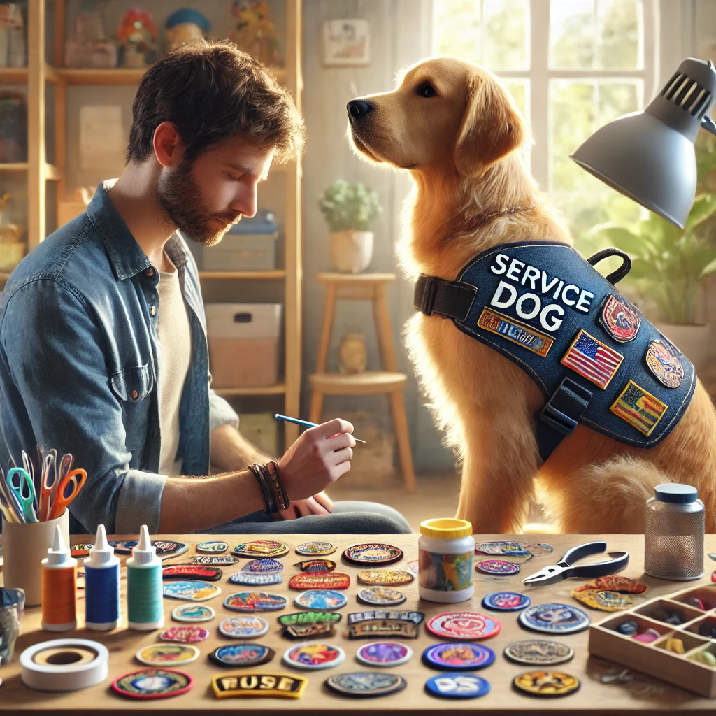 Person customizing a service dog vest with personalized accessories next to a golden retriever.