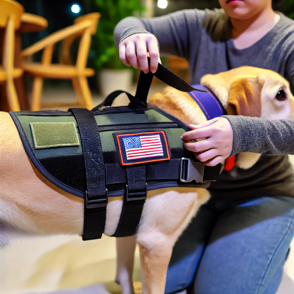 A person in their 30s adjusting the vest of a golden retriever service dog, ensuring its comfort and safety in a well-lit indoor setting.