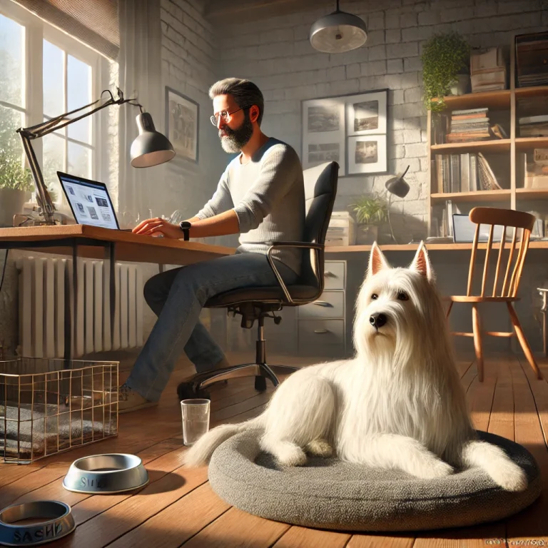 A man in his late 50s working on a laptop in a home office with his white medium long-haired service dog, Sasha, resting in a cozy corner.