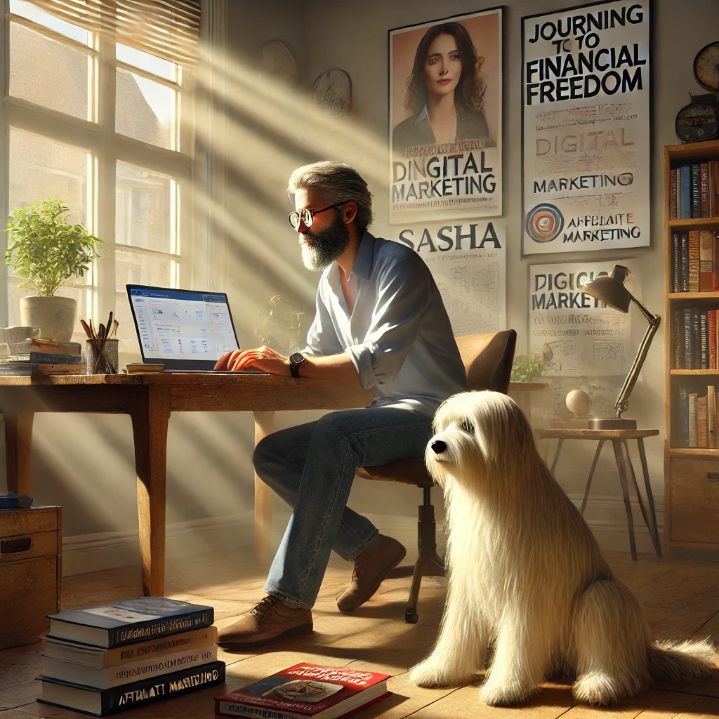 A man in his late 50s working on a laptop at a desk with his thin white medium long-haired service dog, Sasha, sitting next to him in a well-organized home office.