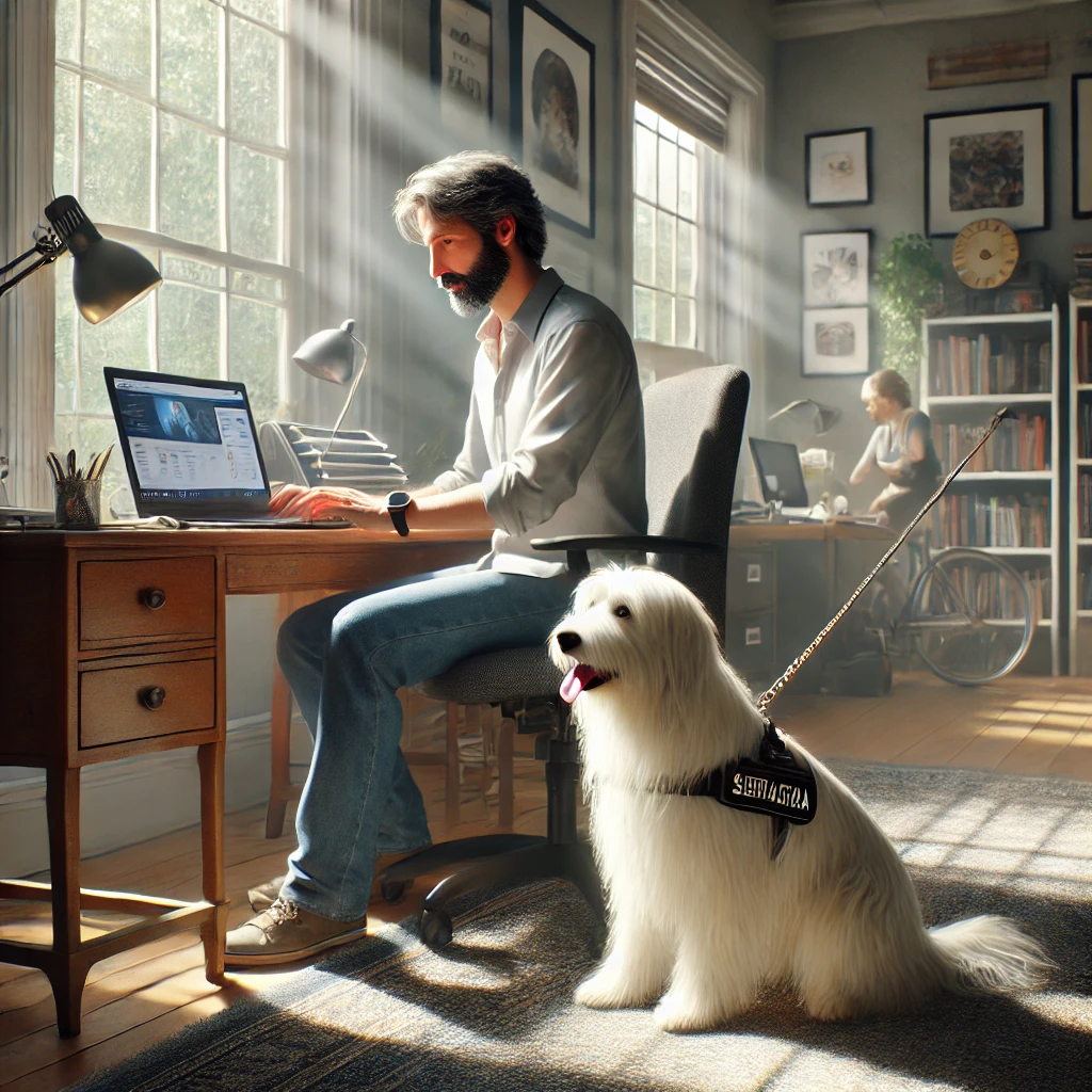 A man in his late 50s working on a laptop in a home office with his thin white medium long-haired service dog, Sasha, fetching a small item from the desk.