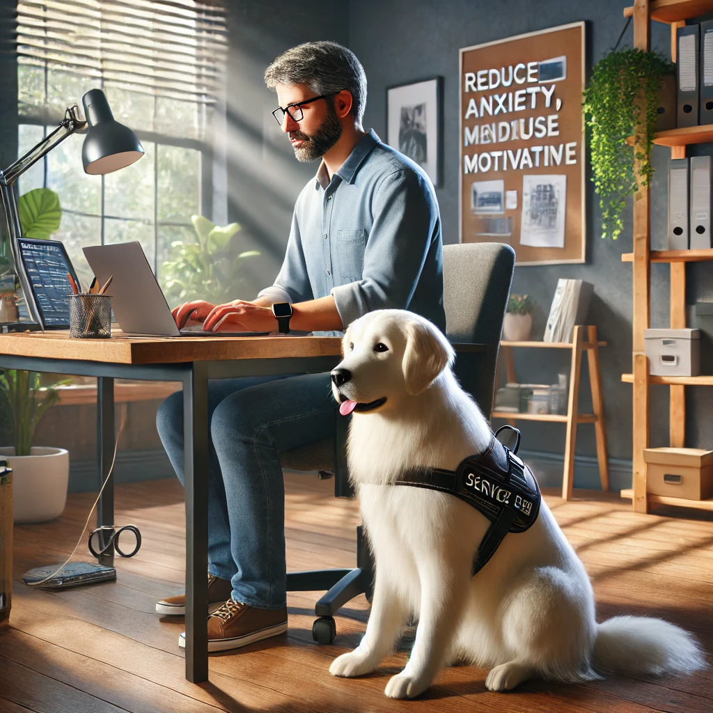 A man in his late 50s working on a laptop at a desk in a home office with his thin white medium long-haired service dog, Sasha, sitting attentively by his side.