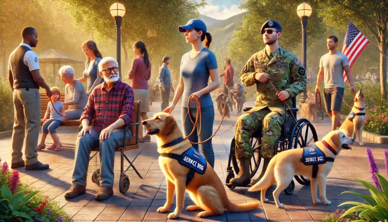 A diverse group of people with disabilities interacting with their service dogs in a park setting. Includes a woman with epilepsy, a veteran with PTSD, and a visually impaired person.