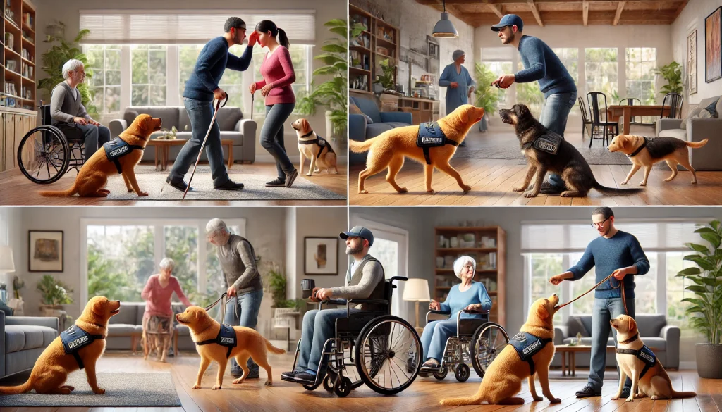 A service dog assisting its handler in various tasks, including guiding a visually impaired person, alerting a woman to a medical emergency, and retrieving an item for a person in a wheelchair.