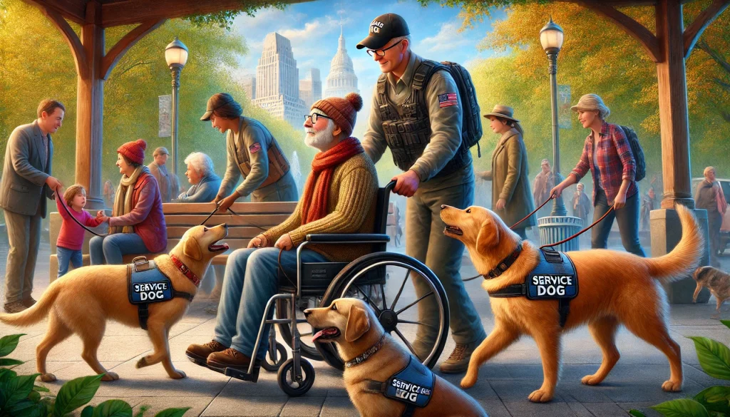 Service dogs helping a person in a wheelchair navigate a park, providing emotional support to a person with PTSD, and assisting an elderly person by retrieving items from the ground.