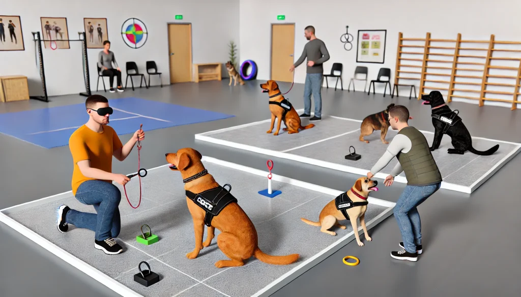 Professional trainer and a person self-training their service dogs in a well-equipped training facility, highlighting the structured training process.