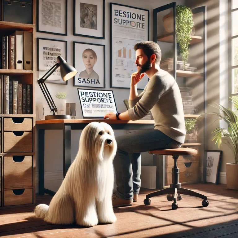 A man in his late 50s working on a laptop in a home office with his thin white medium long-haired service dog, Sasha, sitting attentively by his side.