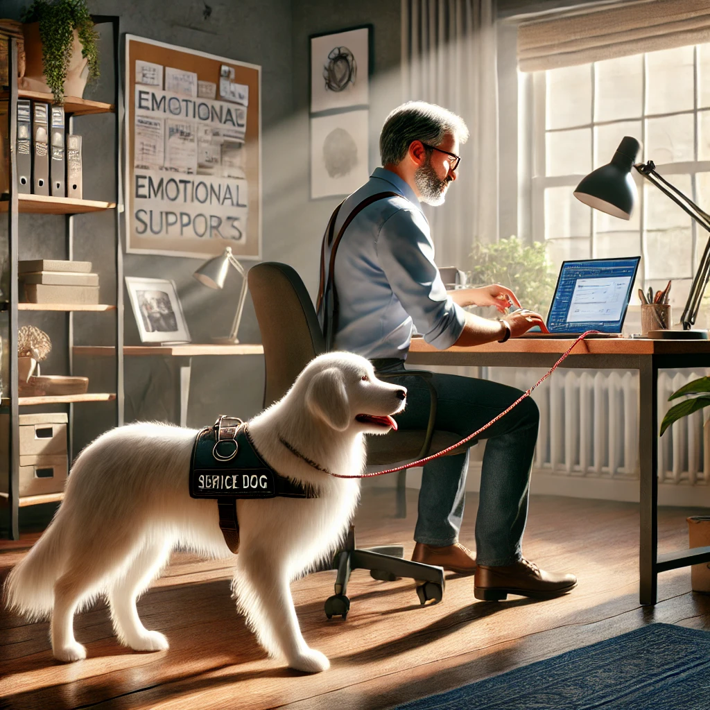 A man in his late 50s working on a laptop in a home office with his thin white medium long-haired service dog, Sasha, retrieving a small item from the desk.