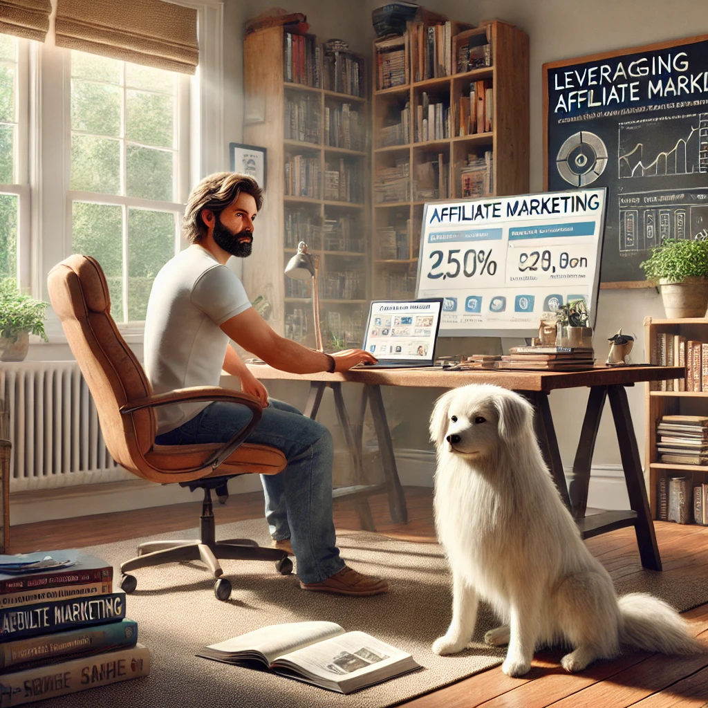 A man in his late 50s working on a laptop at a desk in a home office, with his thin white medium long-haired service dog, Sasha, sitting attentively beside him.