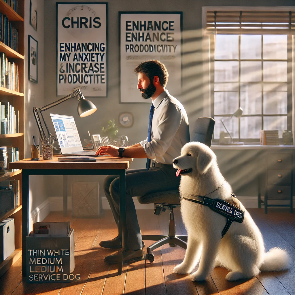 A man in his late 50s working on a laptop at a desk in a home office with his thin white medium long-haired service dog, Sasha, sitting attentively by his side.