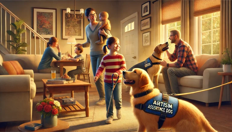 A service dog providing deep pressure therapy to a young girl with autism, another dog guiding a teenager with autism during a social interaction, and a service dog preventing a child from wandering by alerting a caregiver. The scene is set in a warm, home-like environment.