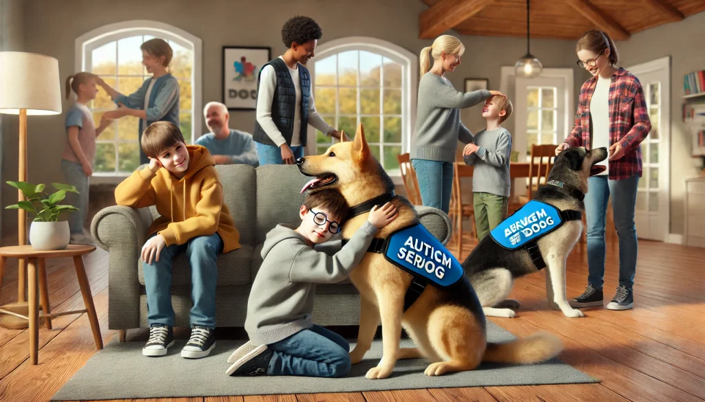 A service dog cuddling with a young boy with autism for emotional support, another dog preventing a child from wandering, and a dog facilitating a social interaction between a teenager with autism and a peer. The scene is set in a cozy home environment.