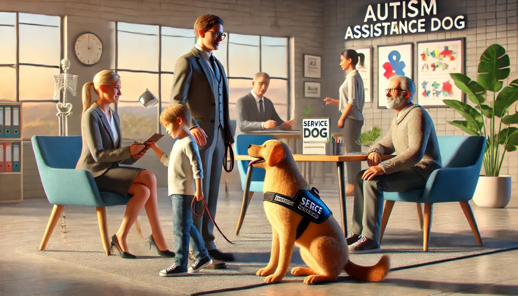 A family meeting with a professional to assess their needs, a service dog undergoing training with a trainer, and a child with autism bonding with the dog. The scene is set in a professional office setting with training equipment.