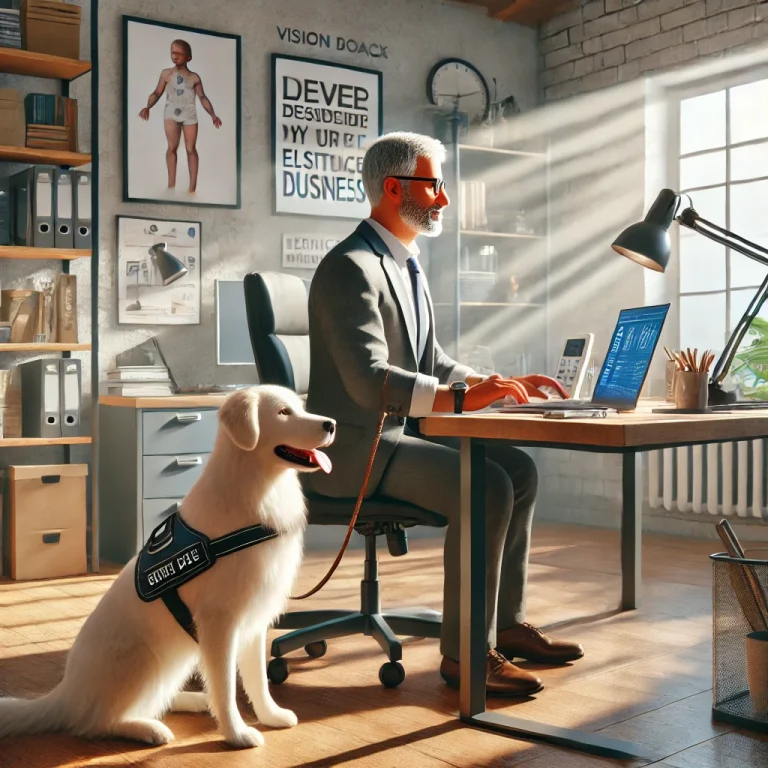 A man in his late 50s working on a laptop at a desk in a home office with his thin white medium long-haired service dog, Sasha, sitting attentively by his side.