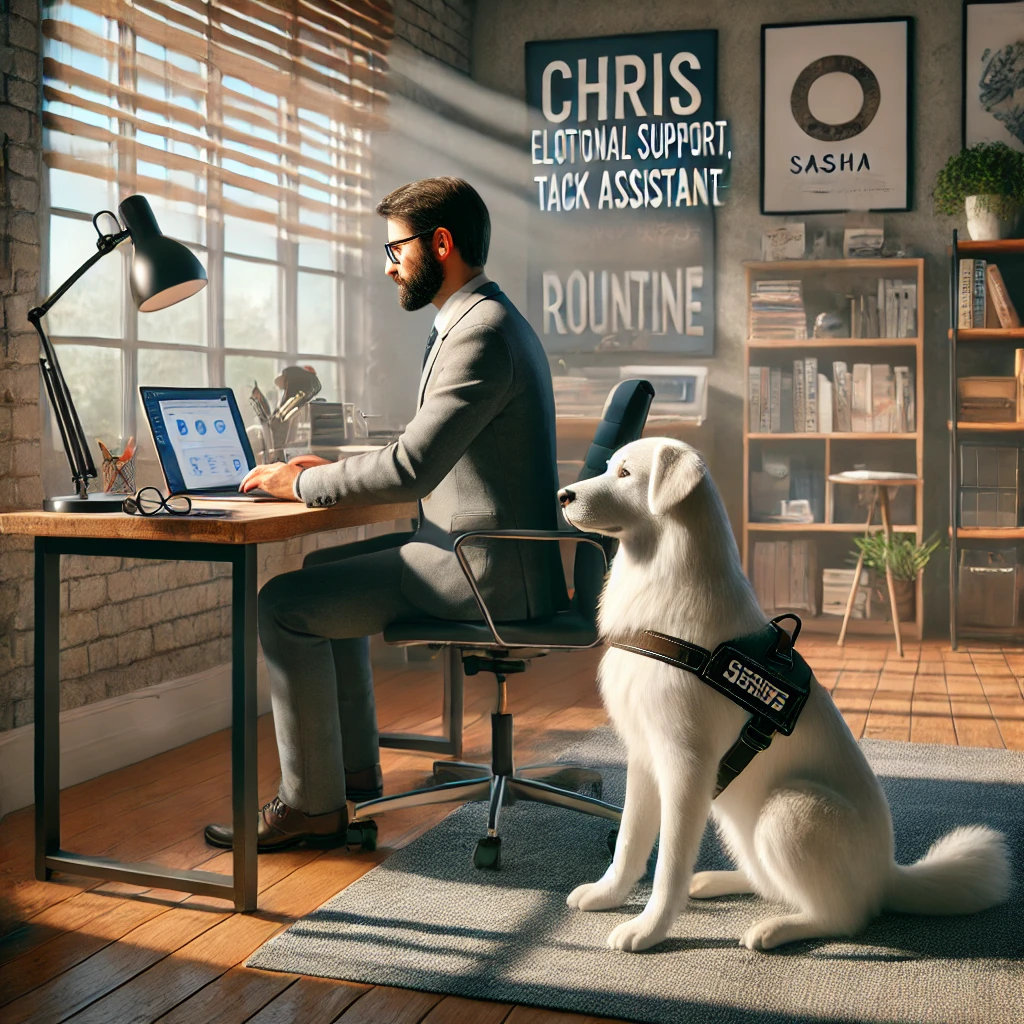 A man in his late 50s working on a laptop at a desk in a home office with his thin white medium long-haired service dog, Sasha, sitting attentively by his side.