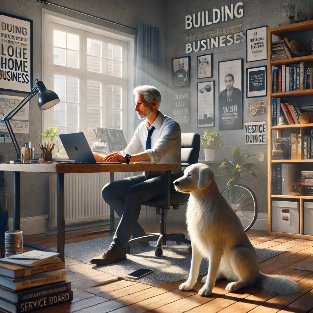 A man in his late 50s working on a laptop at a desk in a home office with his thin white medium long-haired service dog, Sasha, sitting attentively by his side.