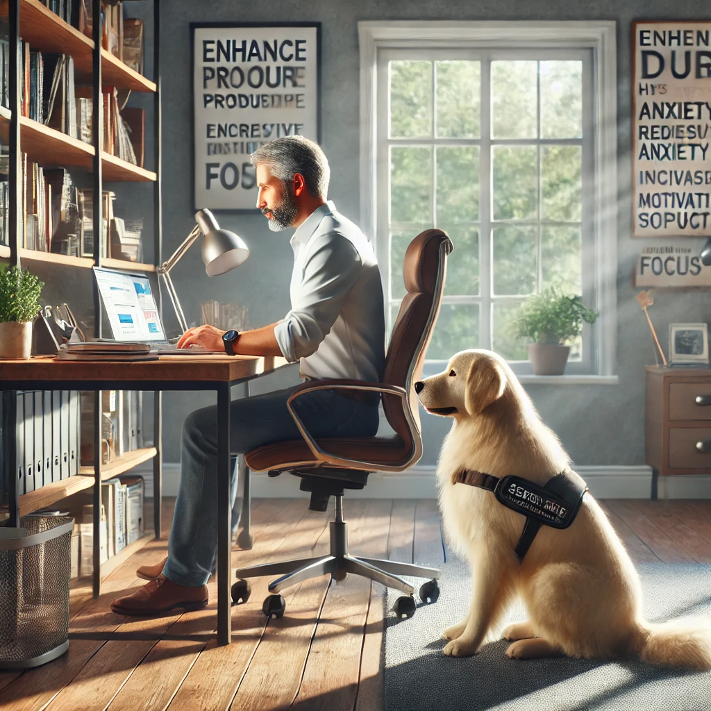 A man in his late 50s working on a laptop at a desk in a home office with his thin white medium long-haired service dog, Sasha, sitting attentively by his side.