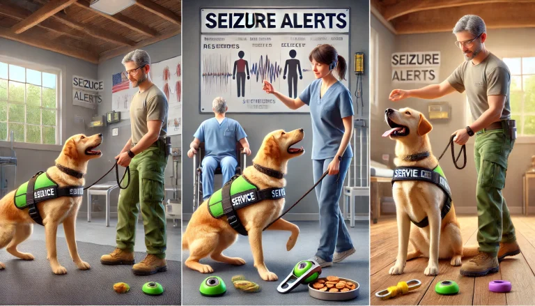 A service dog in a training vest working with a professional trainer using positive reinforcement techniques, and another dog responding to a simulated seizure by alerting a handler and providing comfort in a well-equipped training facility.