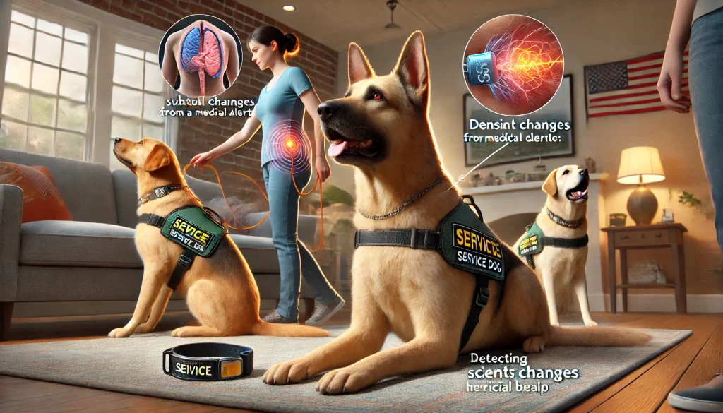 Service dogs sensing subtle behavioral changes, detecting scent changes from a medical alert bracelet, and responding to physiological signals such as heart rate or breathing in a cozy home setting.